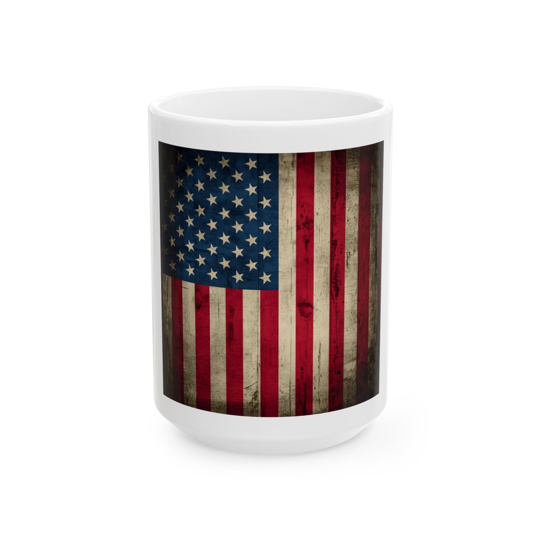 Distressed American Flag Ceramic Mug — Patriotic 11oz & 15oz Coffee Cup