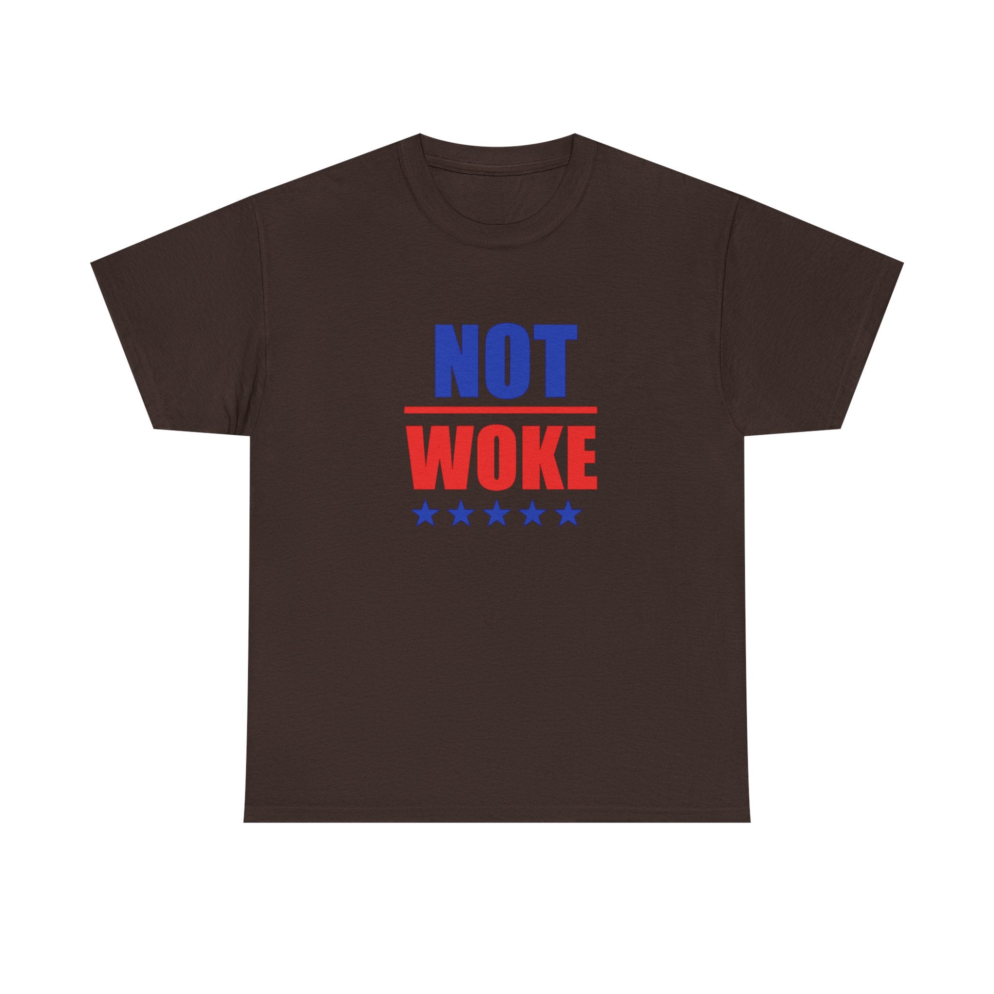 T-Shirt — "NOT WOKE" Patriotic Political Tee (Red & Blue Stars)