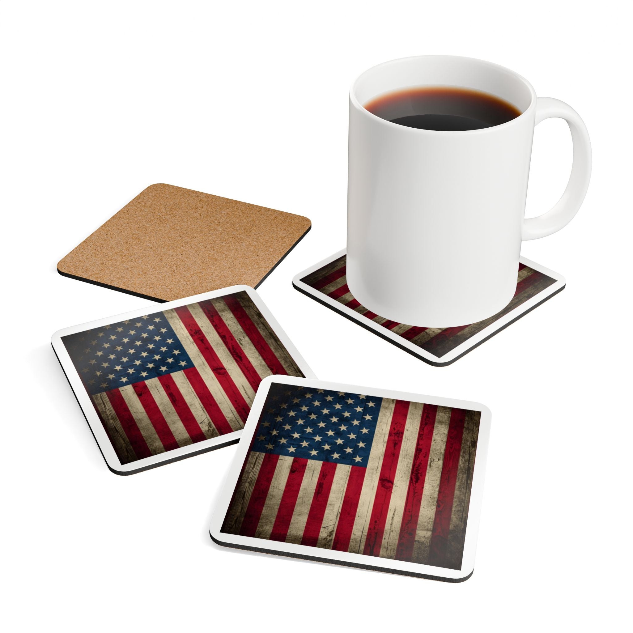 American Flag Cork Coaster Set — Vintage Patriotic Drink Coasters (4-Pack)