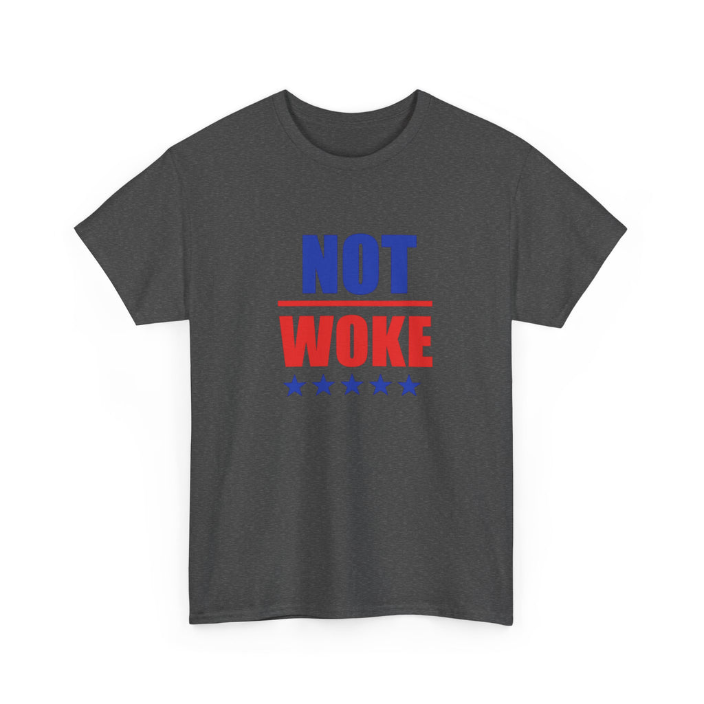 T-Shirt — "NOT WOKE" Patriotic Political Tee (Red & Blue Stars)