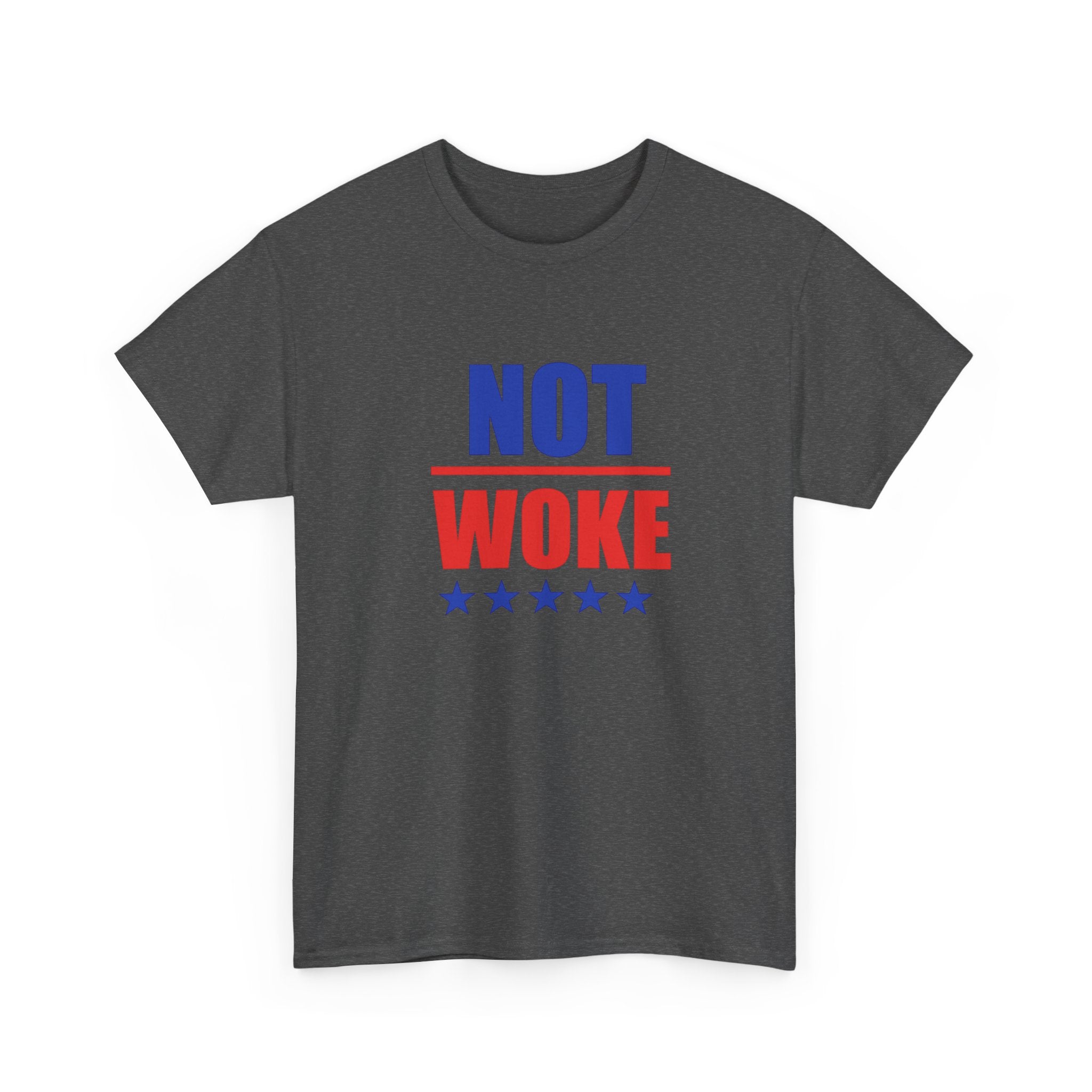 T-Shirt — "NOT WOKE" Patriotic Political Tee (Red & Blue Stars)