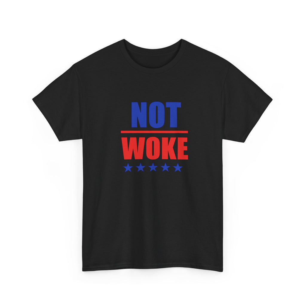 T-Shirt — "NOT WOKE" Patriotic Political Tee (Red & Blue Stars)