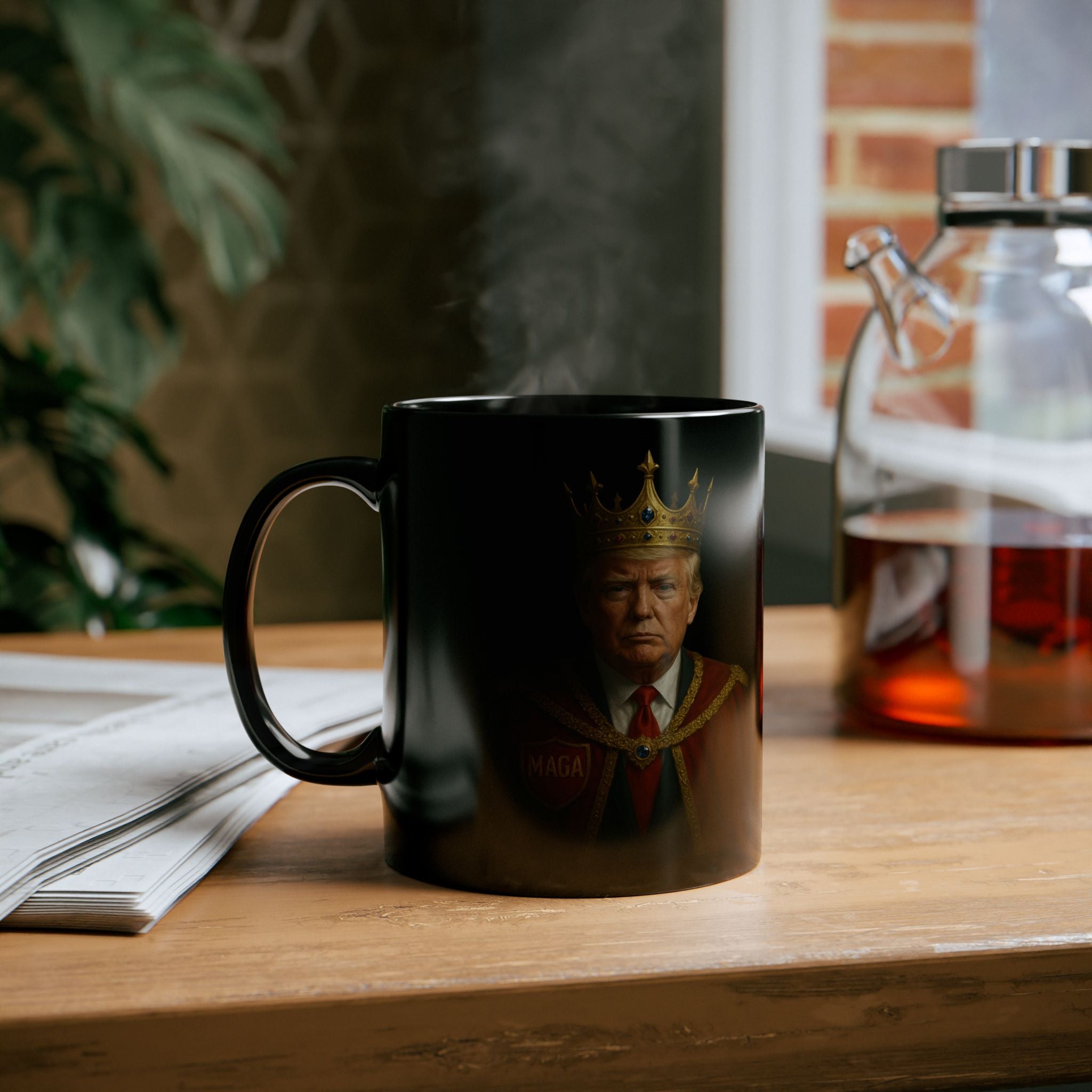 King Portrait Black Coffee Mug — Regal Crowned Ruler Design (11oz, 15oz)