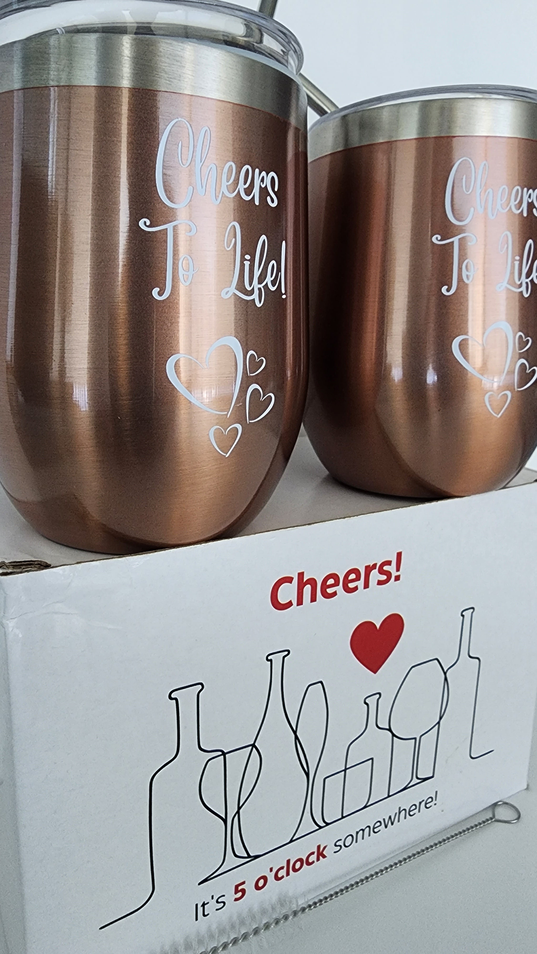 Set of 2 Copper Bronze 12 oz Double Wall Wine Tumblers with Lids, Straws, and Cleaning Brush