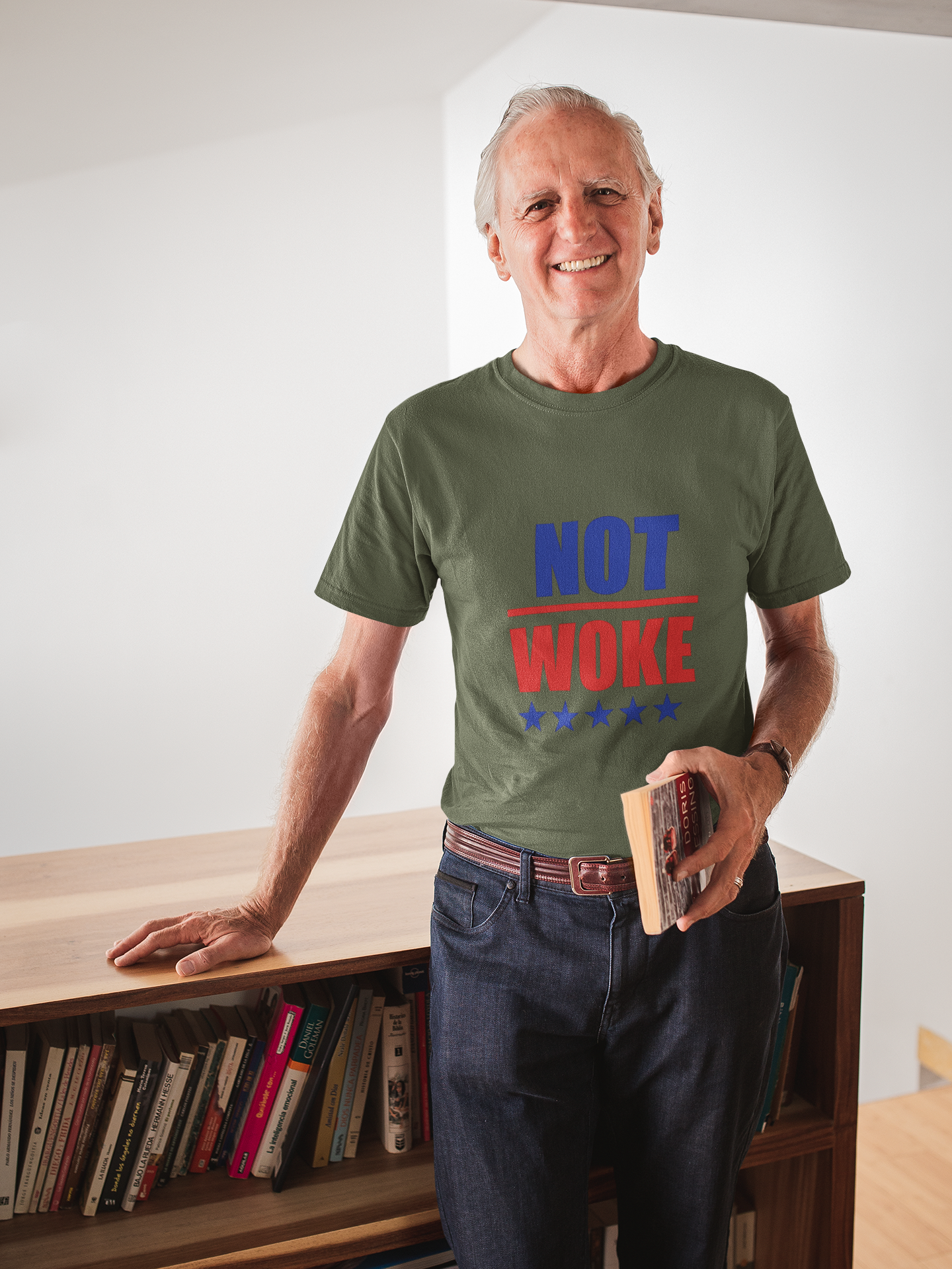 T-Shirt — "NOT WOKE" Patriotic Political Tee (Red & Blue Stars)