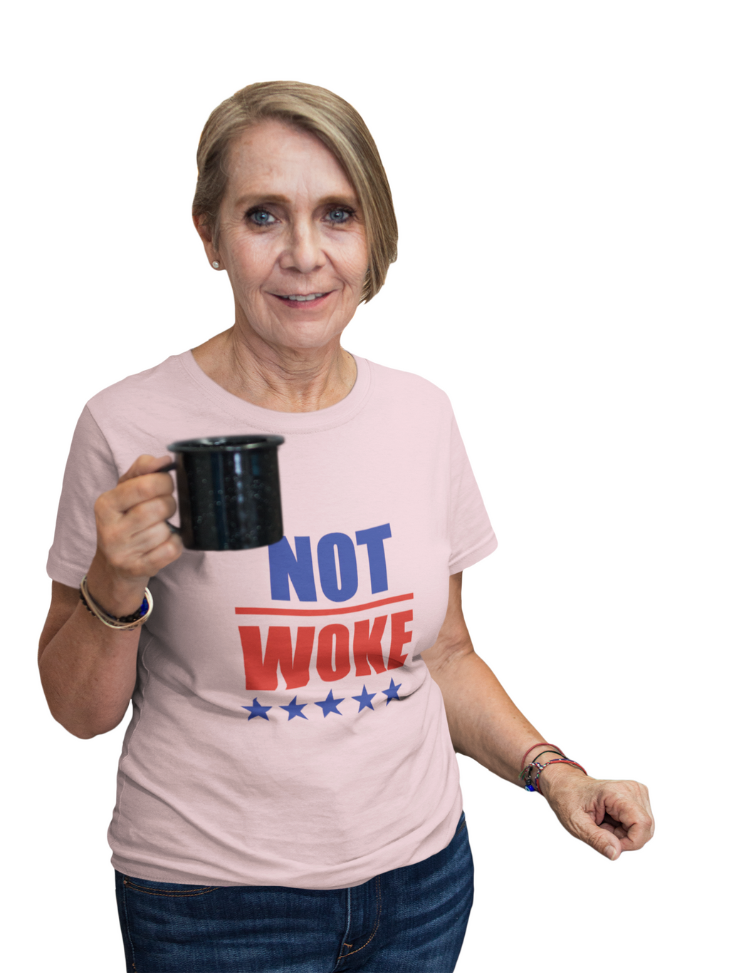 T-Shirt — "NOT WOKE" Patriotic Political Tee (Red & Blue Stars)