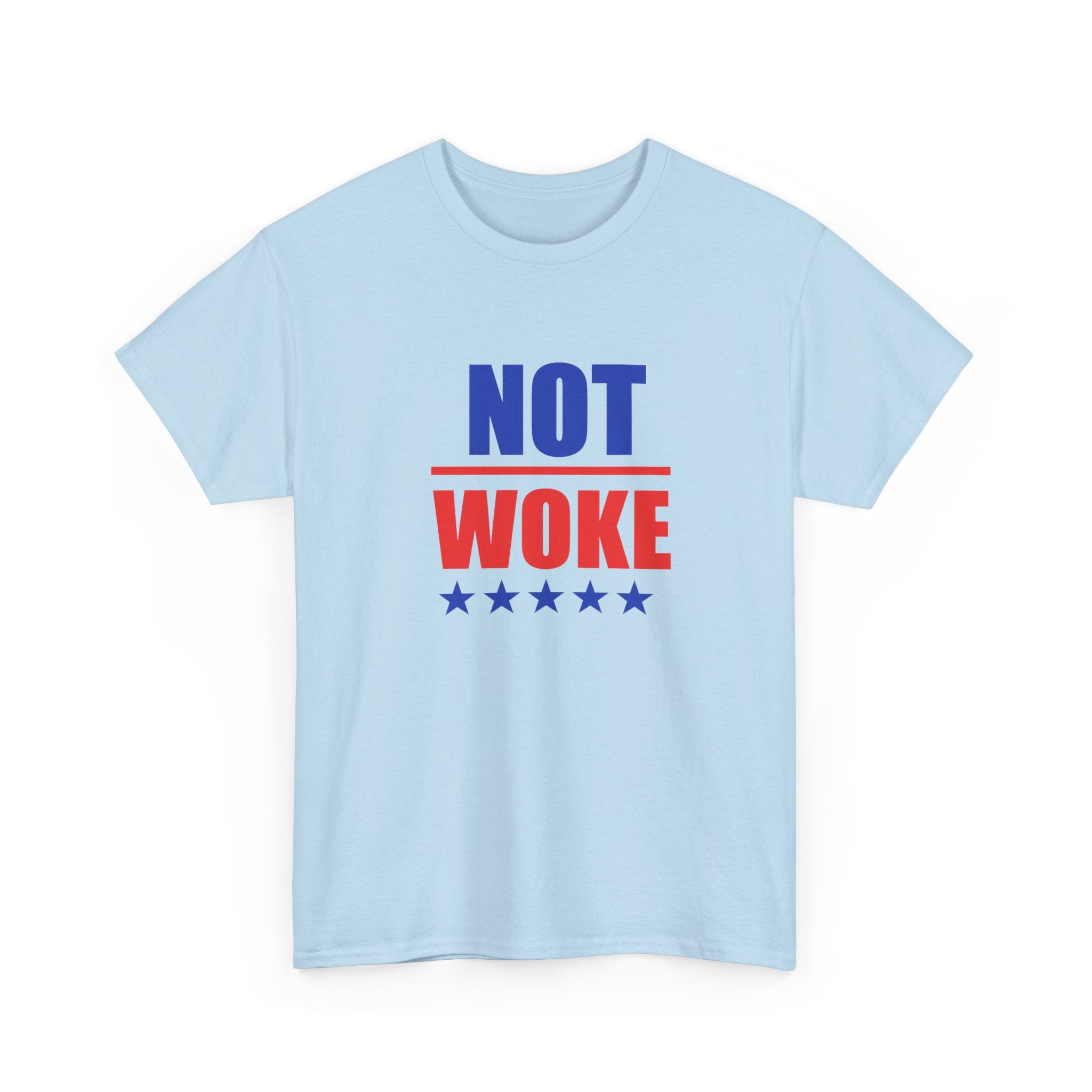 T-Shirt — "NOT WOKE" Patriotic Political Tee (Red & Blue Stars)