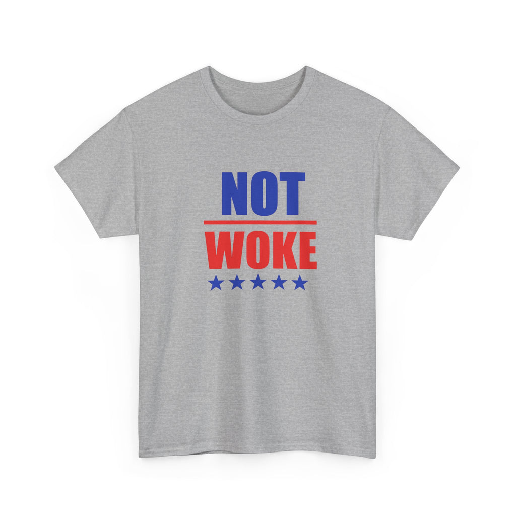 T-Shirt — "NOT WOKE" Patriotic Political Tee (Red & Blue Stars)