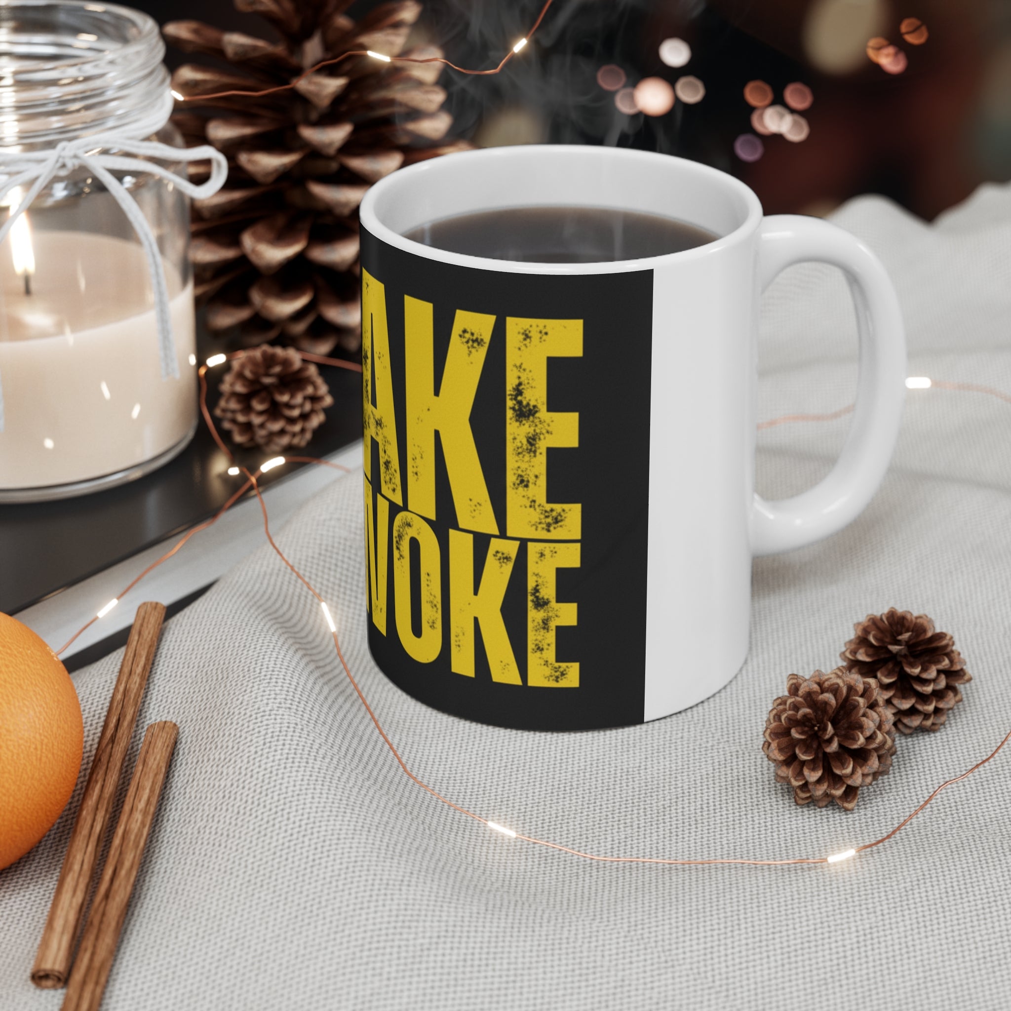 Wake Not Woke Mug — Bold Yellow Statement Coffee Cup (11 oz)
