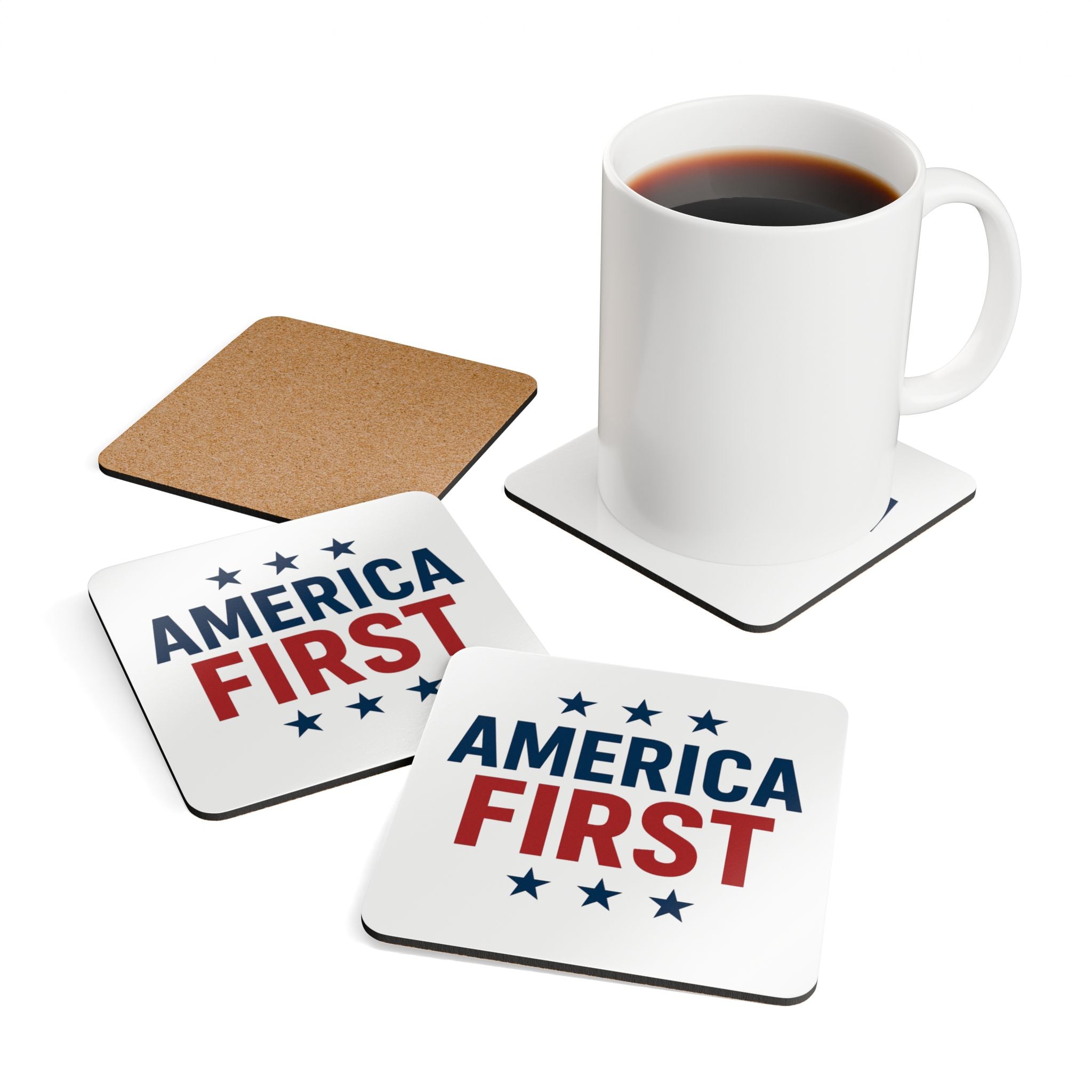America First Cork Coaster Set — Patriotic Red & Blue Drink Coasters (4-Pack)