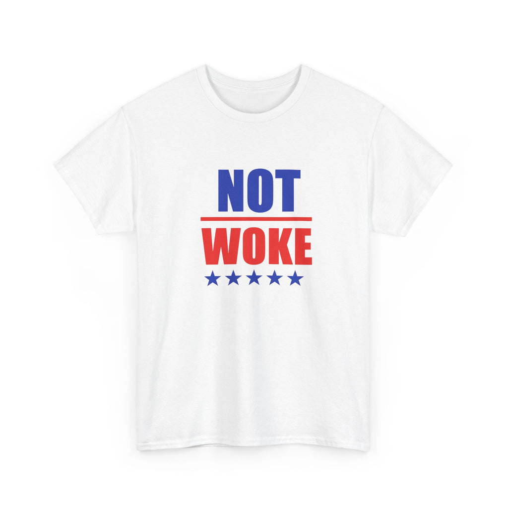 T-Shirt — "NOT WOKE" Patriotic Political Tee (Red & Blue Stars)