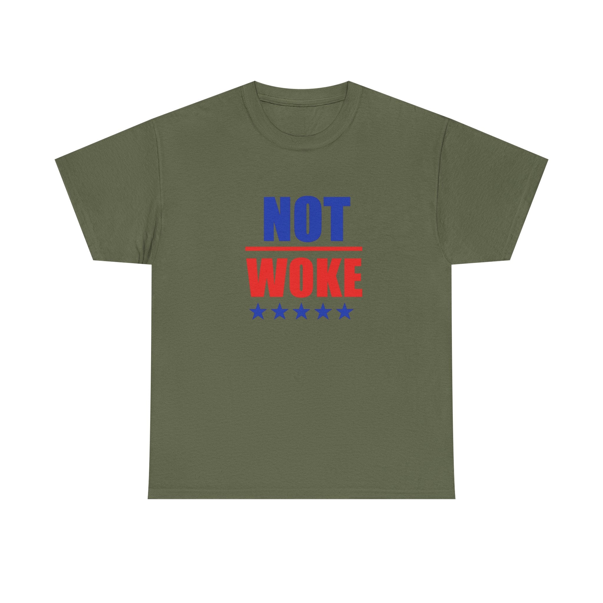 T-Shirt — "NOT WOKE" Patriotic Political Tee (Red & Blue Stars)