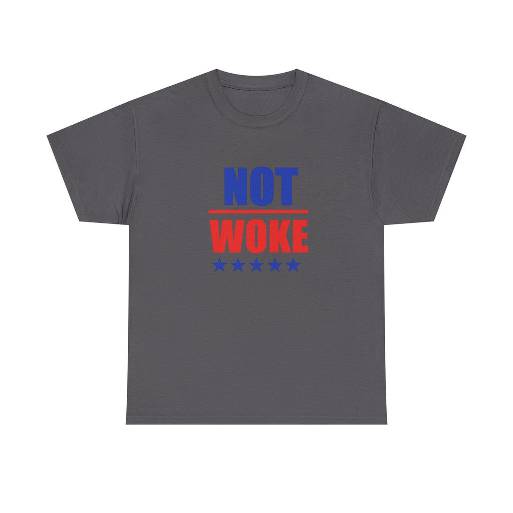 T-Shirt — "NOT WOKE" Patriotic Political Tee (Red & Blue Stars)