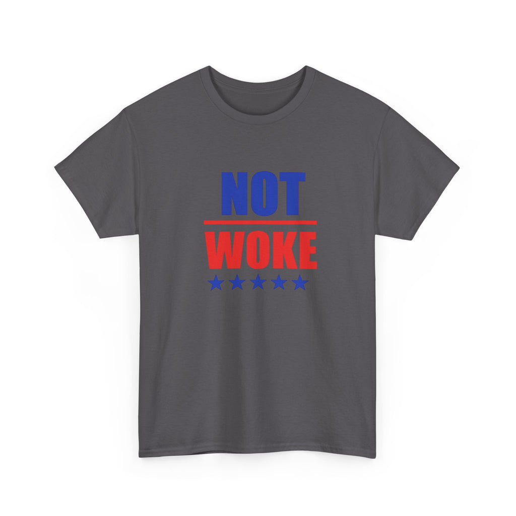 T-Shirt — "NOT WOKE" Patriotic Political Tee (Red & Blue Stars)