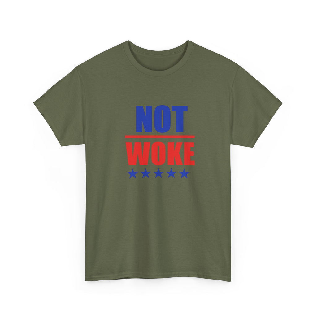 T-Shirt — "NOT WOKE" Patriotic Political Tee (Red & Blue Stars)