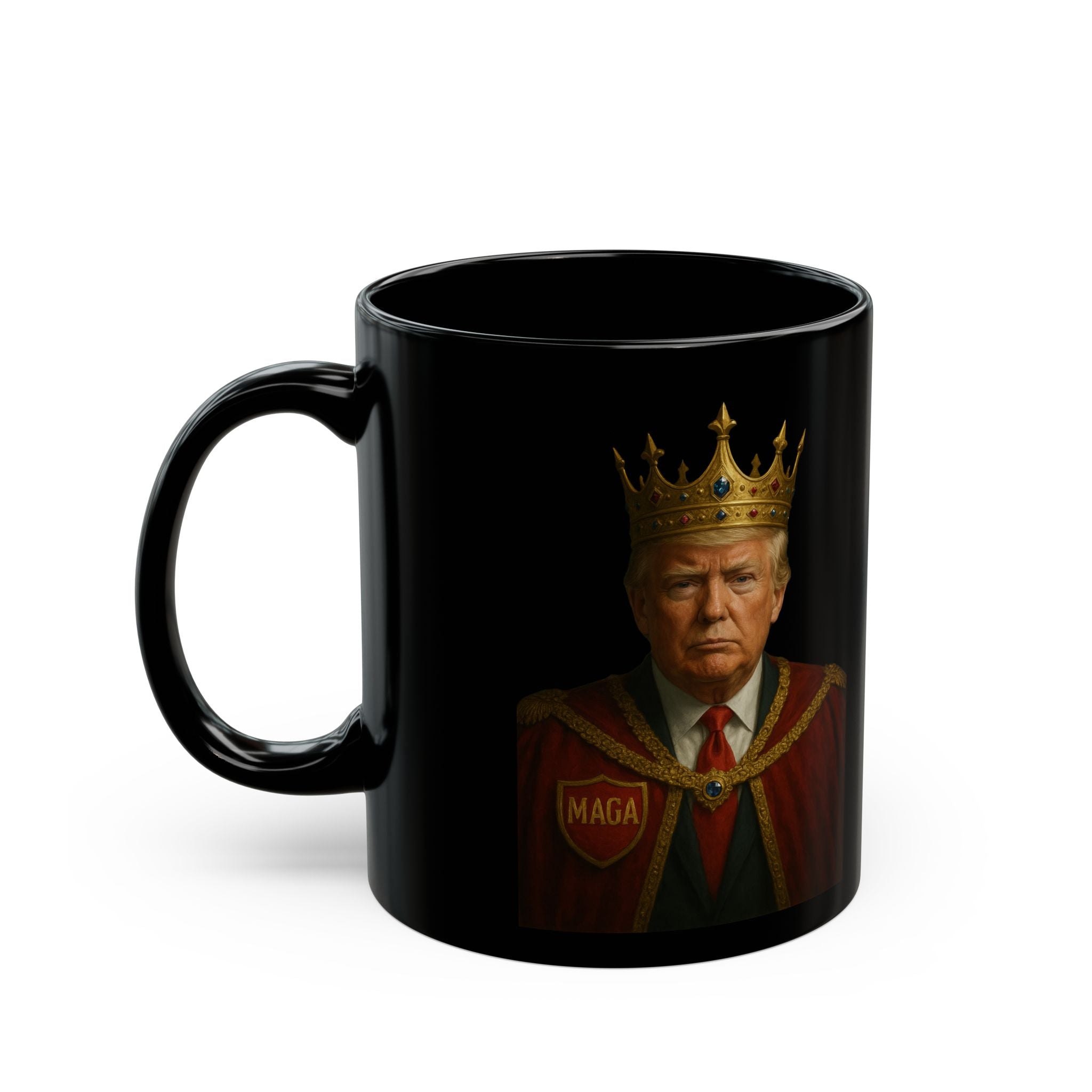 King Portrait Black Coffee Mug — Regal Crowned Ruler Design (11oz, 15oz)