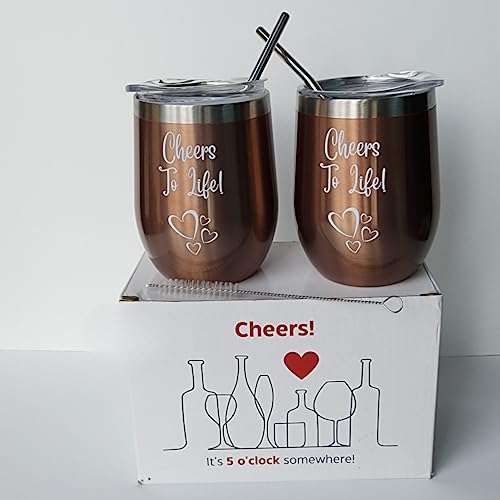 Set of 2 Copper Bronze 12 oz Double Wall Wine Tumblers with Lids, Straws, and Cleaning Brush