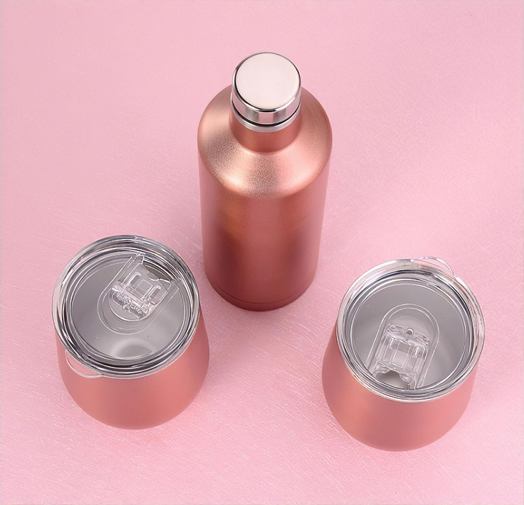 Deluxe Rose Gold 750ML Insulated Bottle with 2 Double Walled 12 oz Tumblers – Stylish and Durable