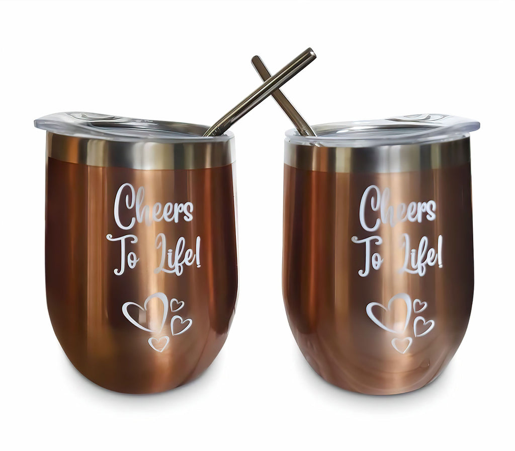 Set of 2 Copper Bronze 12 oz Double Wall Wine Tumblers with Lids, Straws, and Cleaning Brush
