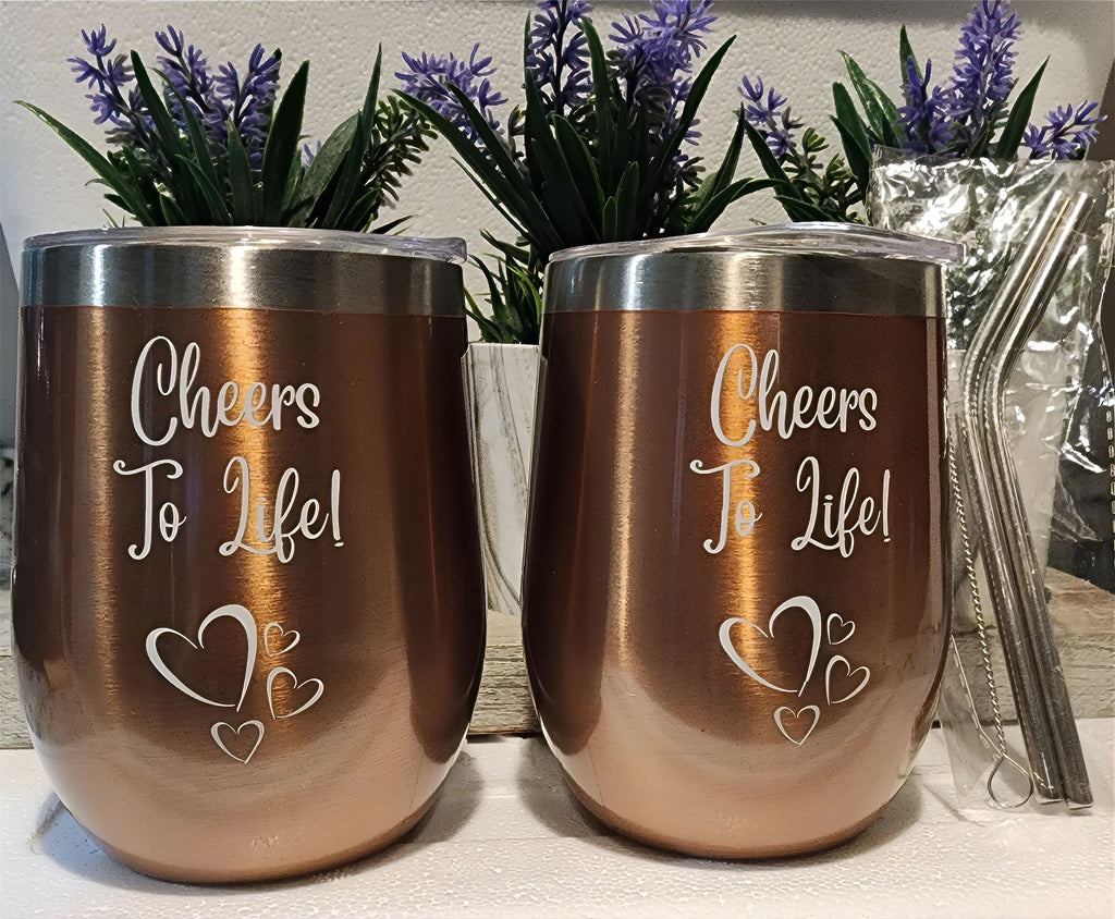 Set of 2 Copper Bronze 12 oz Double Wall Wine Tumblers with Lids, Straws, and Cleaning Brush