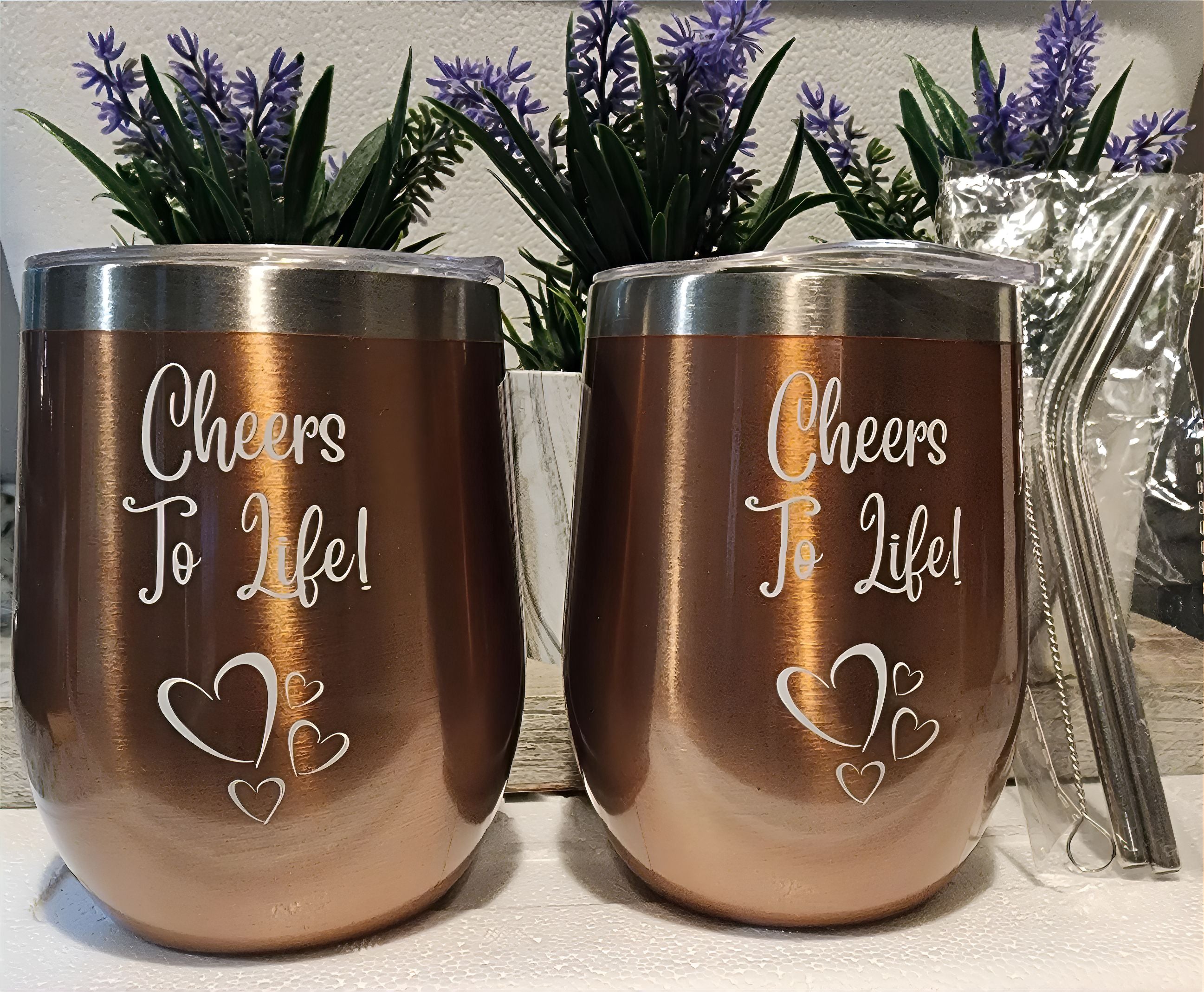 Set of 2 Copper Bronze 12 oz Double Wall Wine Tumblers with Lids, Straws, and Cleaning Brush
